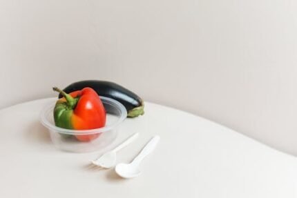 A vibrant photo of a red pepper and eggplant with plastic cutlery, ideal for food or kitchen themes.